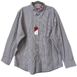 Izod Mens Essentials Dress Shirt XL Navy Check Long Sleeve Button Up Logo Pocket